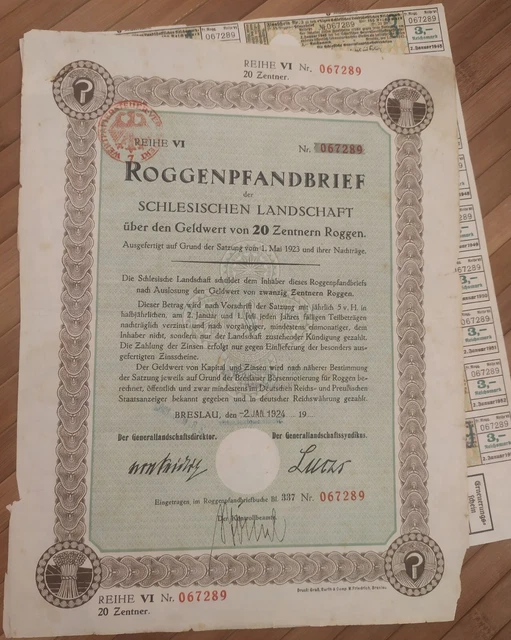 Silesia 1924 Poland Germany Roggenpfandbrief 20 Zentnern Centners Rye Rare Bond