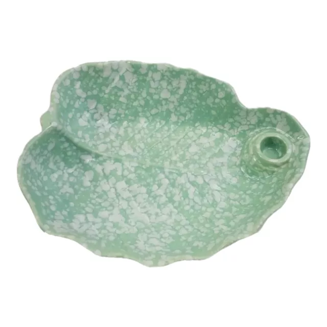 Vintage California Pottery Leaf Pattern Taper Candle Holder Dish Green Splatter