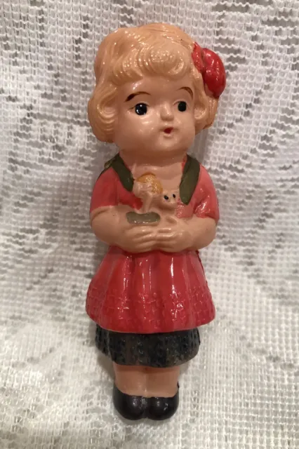 Vintage Celluloid Girl Doll Holding Pet Molded Hot Pink Rattle Tiny 3.5” Tall
