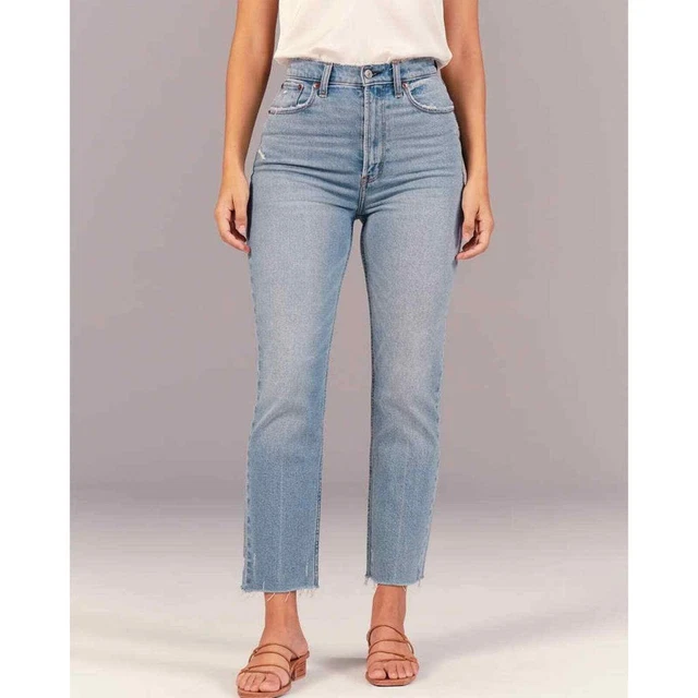 Abercrombie & Fitch The Ankle Straight Ultra High Rise Raw Hem Denim Jean