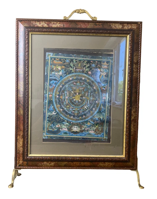 Vintage Fire Screen Guard Brass and Wood, Changeable Picture, Floral, Retro