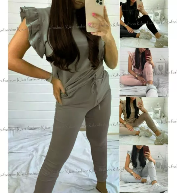 Womens Tracksuit Frill  Peplum Sleeve Boxy Top Bottom Ladies Lounge Wear Set