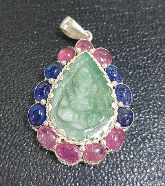 Gorgeous carve Old Burmese Ruby sapphire jade Ganesh Sterling Silver pendant