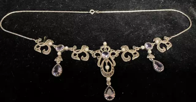 Vintage 925 Sterling Silver Marcasite Ornate Necklace with Seed Pearls Amethysts