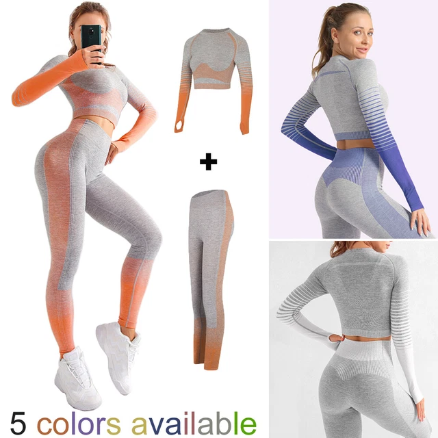 Woman's Seamless Yoga Set High Waisted Leggings Long Sleeve Crop Top Gym Fitness