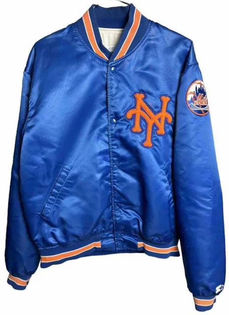 VINTAGE 1980s MLB Starter NEW YORK METS Blue Nylon & Satin Bomber Jacket Sz LG