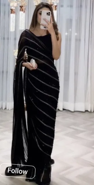 Designer black sequence Saree indian Wedding sequins party wear bollywood sari
