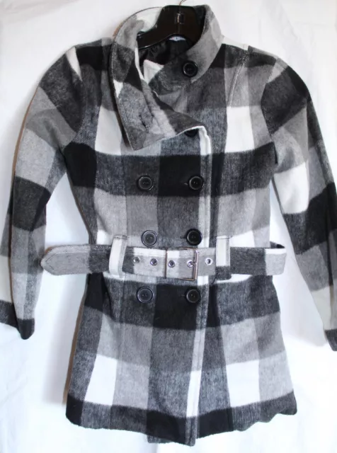 Iz Amy Byer Girls S Plaid Black White Gray Double Breasted Belted Coat, Euc