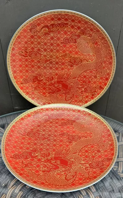 WILLIAMS SONOMA LUNAR New Year 2 Dinner Plates Red Gold Dragon