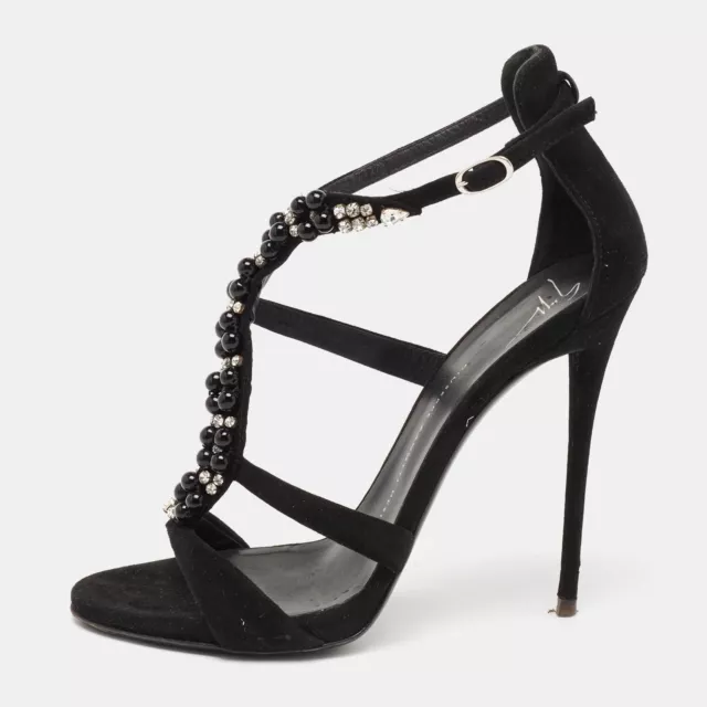 Giuseppe Zanotti Black Suede Crystal Embellished T-Strap Sandals Size 39