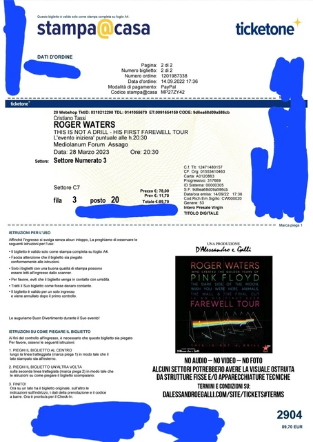 2 Biglietti Roger Waters 28 Marzo 2023 Assago 2