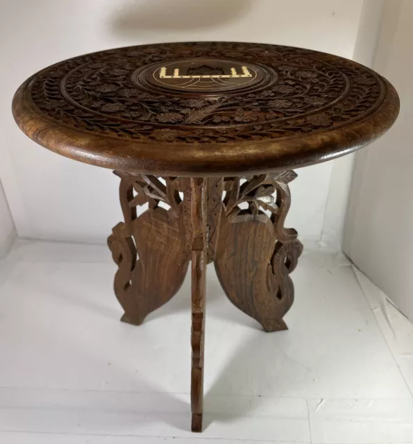 Vintage Hand Carved Small Wood Table Plant Stand Inlaid Taj Mahal India DAMAGE