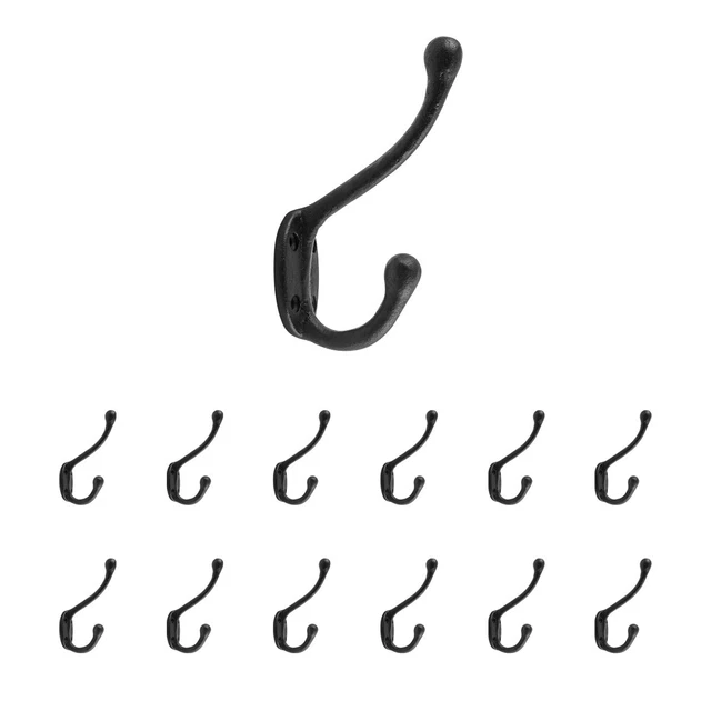 Wrought Iron Double Hook Black for Coats Towels Robes Pack of 12