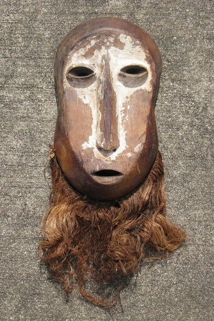 African mask Lega People Congo hand carved wood white pigment raffia #1308