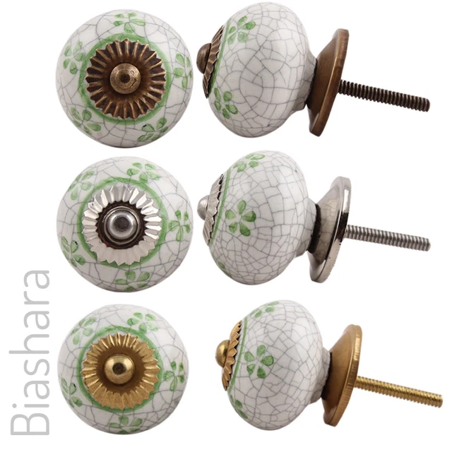 Green CERAMIC DOOR KNOB Vintage Crackle Cupboard Handles Floral Cabinet Drawer