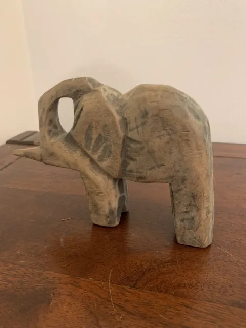 Vintage Lucky Wooden Hand Carved Elephant Statue Figurine Sculpture Tusks