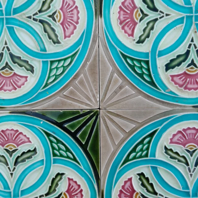 Vtg art nouveau majolica geometric multi color floral stunning tile 4pcs lot 2