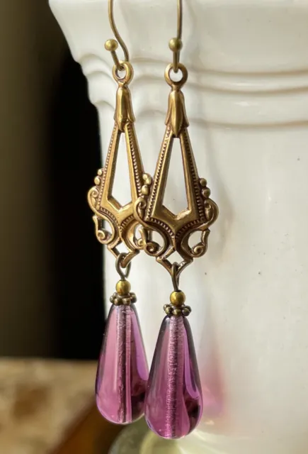 Art Nouveau Earrings Brass Filigrees W/ Antique Amethyst Czech Glass Drops