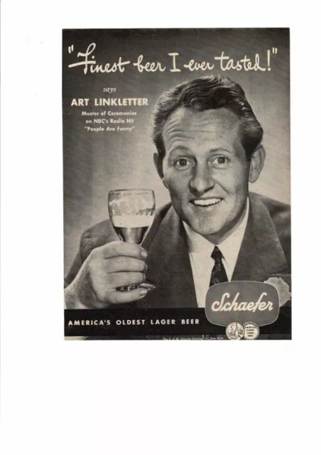 Vintage 1947 Schaefer Lager Beer Art Linkletter America's Oldest Lager Ad Print