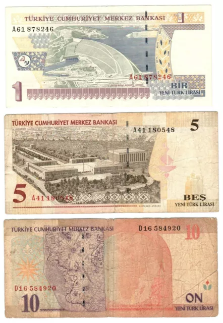 Turkey Lot Of 3 X  1, 5 & 10 New Lira Banknotes Year 2005 2