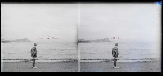 FRANCE Enfant Mode Plage Photo NEGATIVE Plaque de verre Vintage Stereo c1930