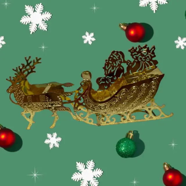 Vintage Solid Brass Santa Sleigh Reindeer Noel 3D Christmas Ornament Kitschy