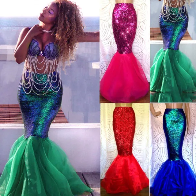 Womens Lady Mermaid Tail Full Skirt Adult Cosplay Costume Party Maxi Fancy Dress