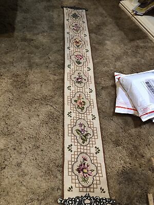 Vtg Needlepoint Bell Pull Handworked Floral Tapestry Ornate Brass Hardware-50”x6