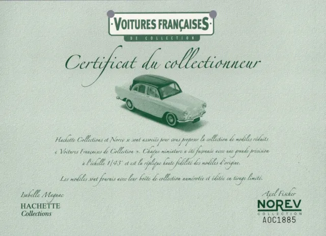 Certificat Original Du Collectionneur Voitures Francaises Hachette Norev Aoc1885