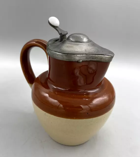 Vintage  Small Stoneware Jug With Pewter Lid - Excellent Condition