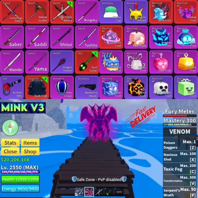 ROBLOX BLOX FRUIT Account MINK V4 Dark Max Level 2450 65.7M Beli