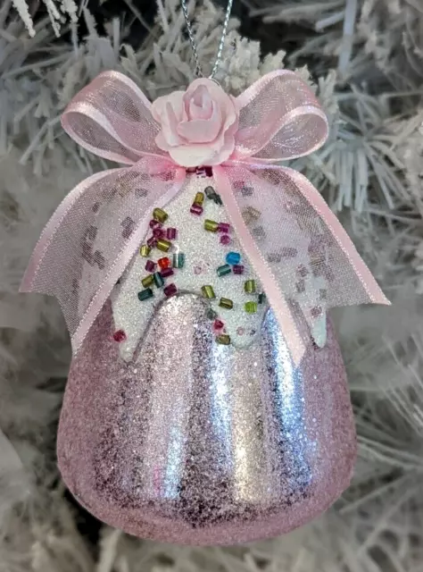 Shabby Cottage Chic Candy Land Gumdrop Pink Rose Bow Christmas Tree Ornament