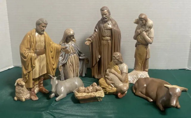 Vtg Ceramic 9 pc set Christmas Nativity Glossy Neutrals Glazed DUNCAN Mold 1983