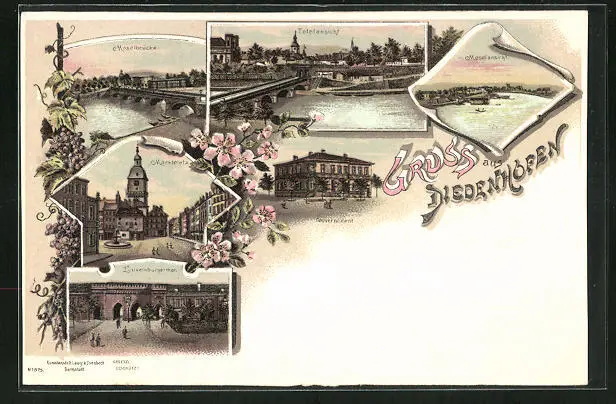 Lithographie Diedenhofen, vue générale et Moselbrücke