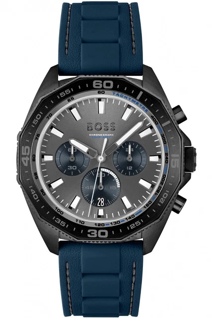 Montre Homme HUGO BOSS 1530268 - Boîtier Acier 42 Mm, Cadran Argenté, Bracelet Cuir Noir, Neuve Avec étiquettes
