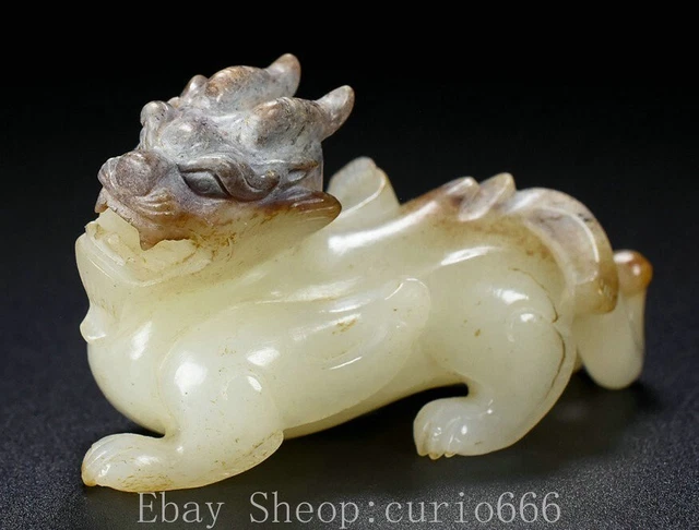 2.7'' Old Chinese Natural Hetian Jade Carving Dragon Loong Pixiu Beast Statue