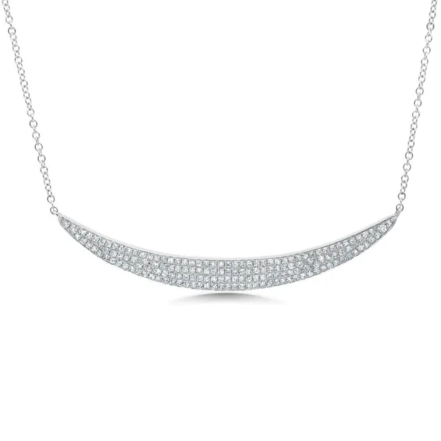 14K White Gold Diamond Pendant Pave Crescent Curved Bar Necklace 0.42ctw