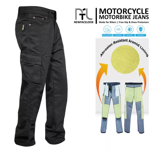 Mens Black Motorbike Motorcycle Cargo Jeans Aramid Protective Lined Armour Pants