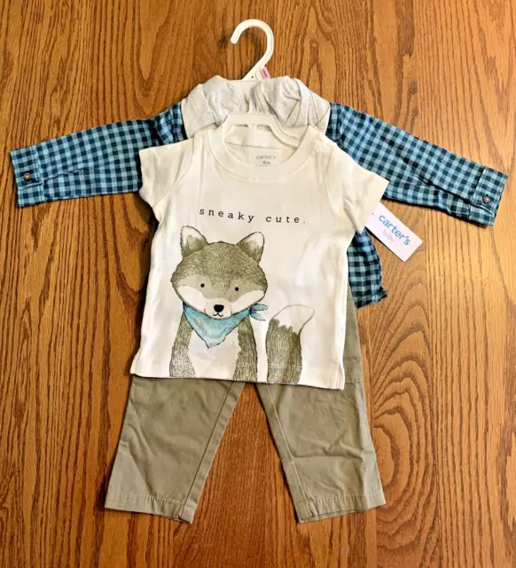 CARTERS Baby Boys (3 Piece) Cotton Set (S/S Tee/Pants/L/S Top w/Hood) 9 mos NWT
