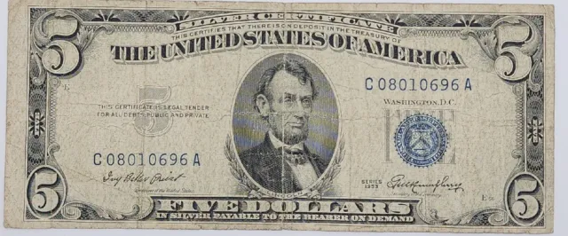$5 1953 Five Dollar Bill Silver Certificate Blue Seal Circulated