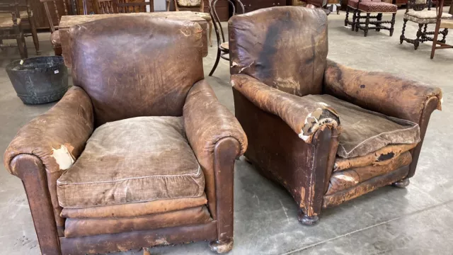 Antique Pair Of Leather  Club Armchairs - 1920's / 1930's, Film/ Theatre Prop