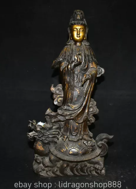 26.8" Vieux Bronze Chinois Doré Kwan-yin Guan Yin Déesse Dragon Tortue Statue