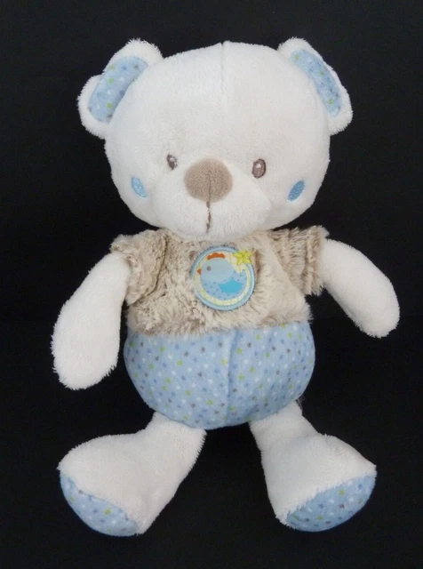 *. DOUDOU PELUCHE MOTS D'ENFANTS OURS BLEU BLANC BEIGE OISEAU POULE 24cm TTBE
