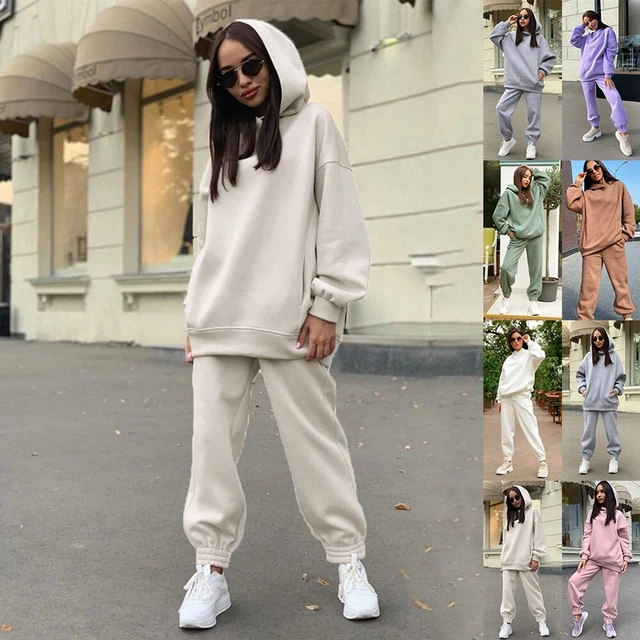Set lounge donna con cappuccio semplice due pezzi tuta da allenamento calda e casual