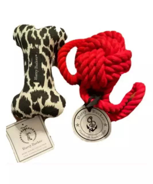 2 Harry Barker Dog Toys Cotton Rope and Hemp Safari Bone Squeaky Toy