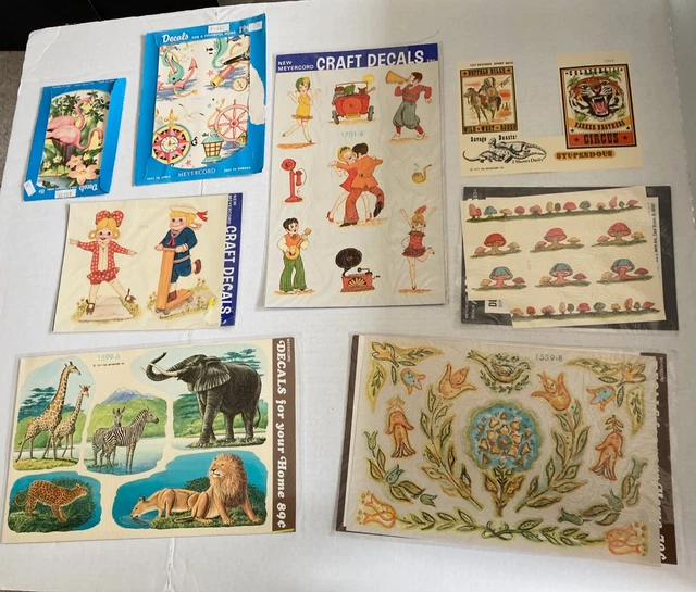 Lote de 8 calcomanías vintage cisnes de circo setas animales tole marina