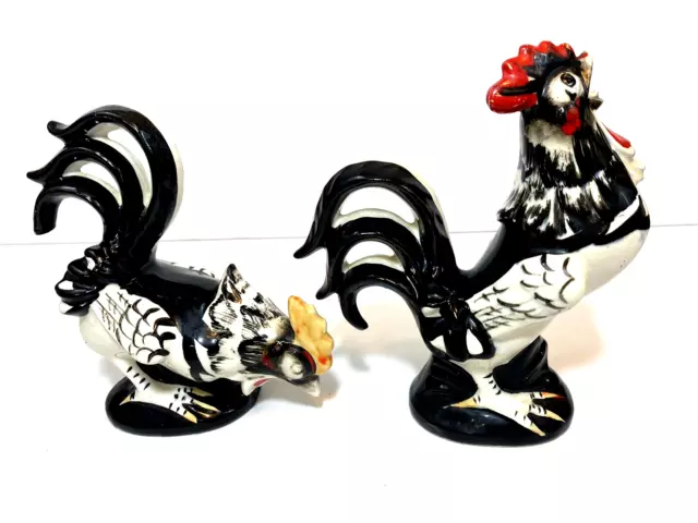 Antique Pair Of 2 Mid Century Ceramic Roosters Made In Japan Decor