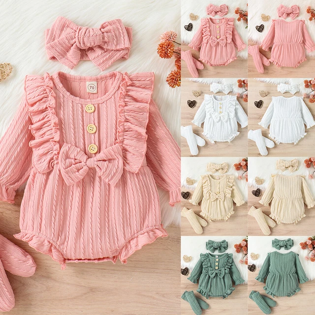Newborn Baby Grils Ruffle Romper Jumpsuit Long Sleeve Tops Headband Set Outfits