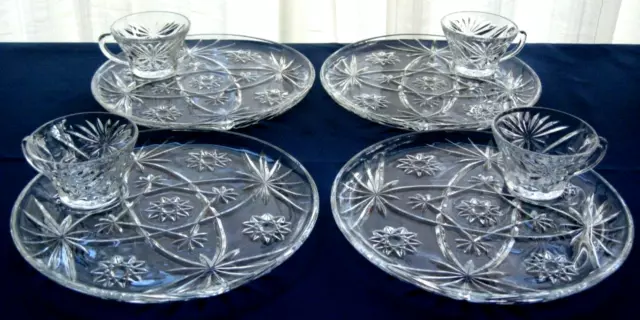 Anchor Hocking Glass 4 Clear Prescut Snack Luncheon Plate & Cup Sets