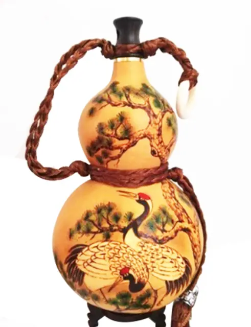 Natural Pyrographing Gourds Portable Water Cup, Wine, Medicine Gourd 松鹤延年烙画酒葫芦